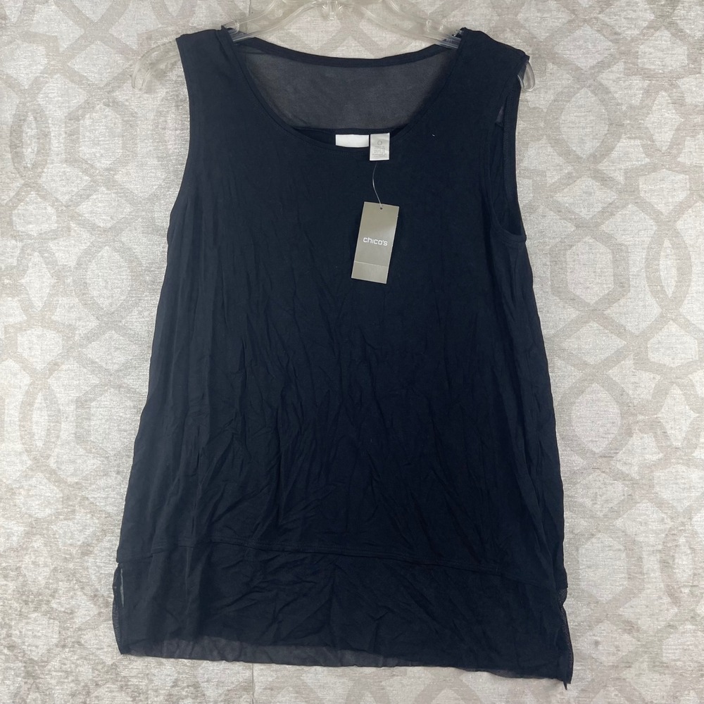 Chico's Mia Mesh Hem Tank Women Size 0 S Black NWT Layering Knit Top Rayon Blend